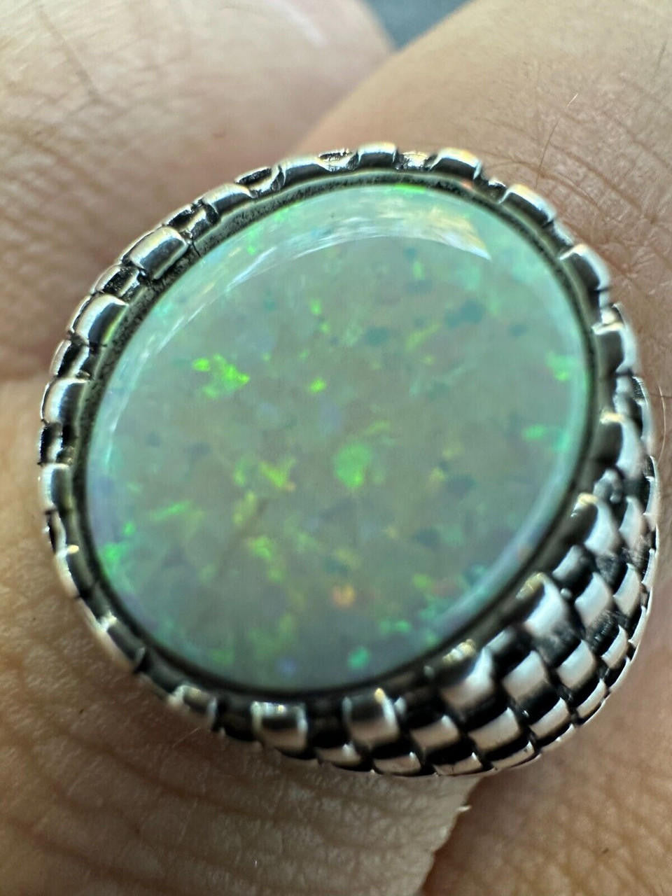 HarlemBling Real 925 Sterling Silver White Lab Created Fire Opal Gem Stone Ring Mens Ladies