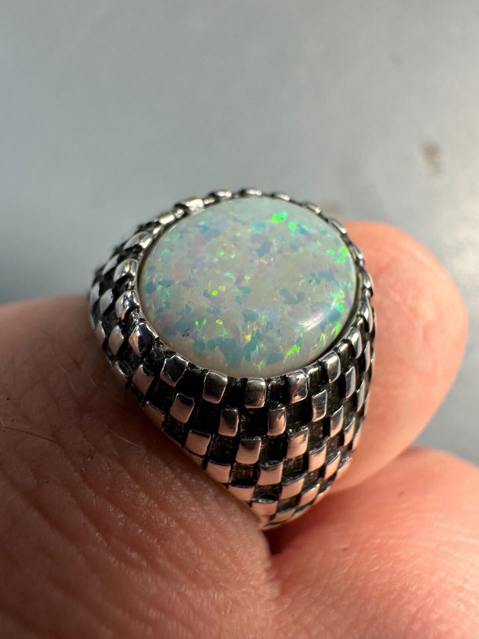 HarlemBling Real 925 Sterling Silver White Lab Created Fire Opal Gem Stone Ring Mens Ladies