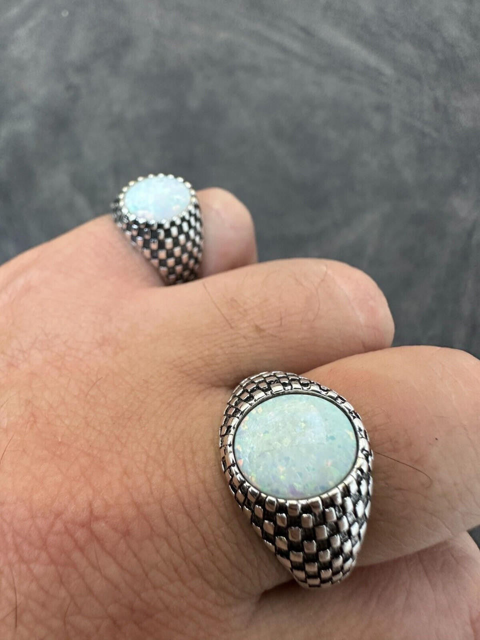 HarlemBling Real 925 Sterling Silver White Lab Created Fire Opal Gem Stone Ring Mens Ladies