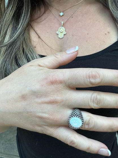 HarlemBling Real 925 Sterling Silver White Lab Created Fire Opal Gem Stone Ring Mens Ladies