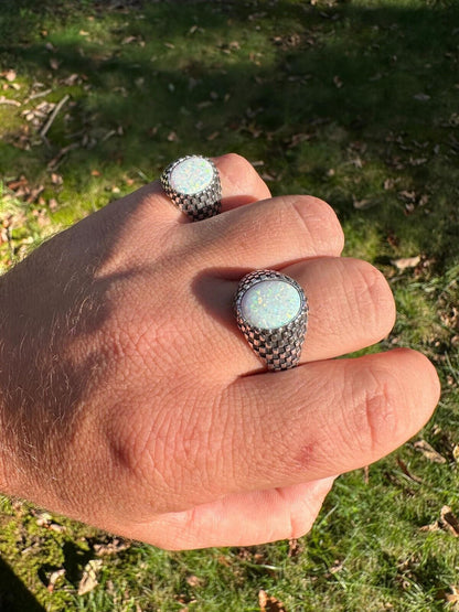 HarlemBling Real 925 Sterling Silver White Lab Created Fire Opal Gem Stone Ring Mens Ladies