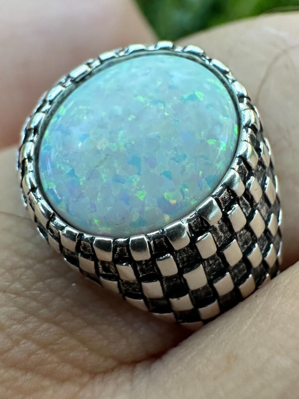 HarlemBling Real 925 Sterling Silver White Lab Created Fire Opal Gem Stone Ring Mens Ladies