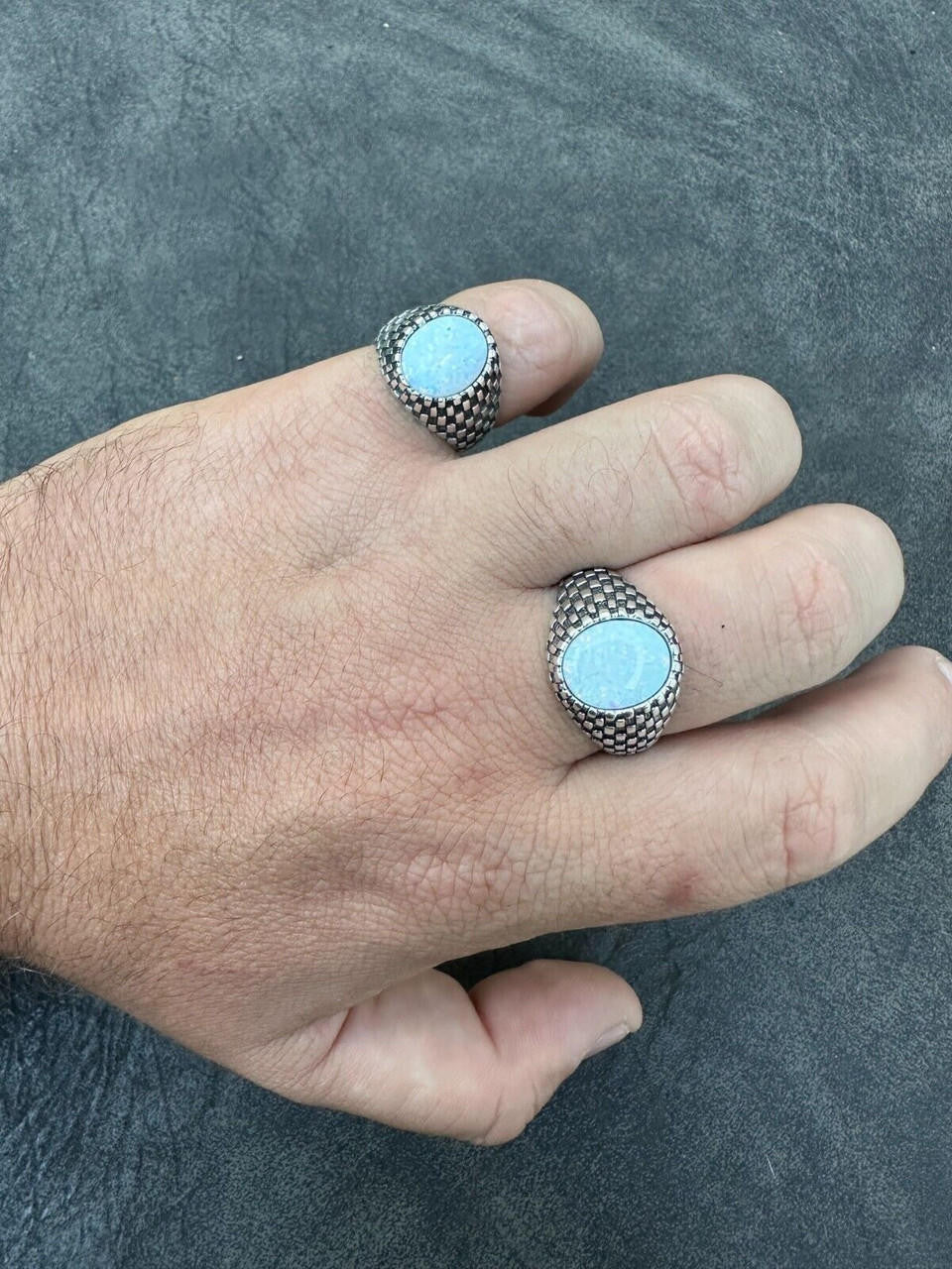 HarlemBling Real 925 Sterling Silver White Lab Created Fire Opal Gem Stone Ring Mens Ladies