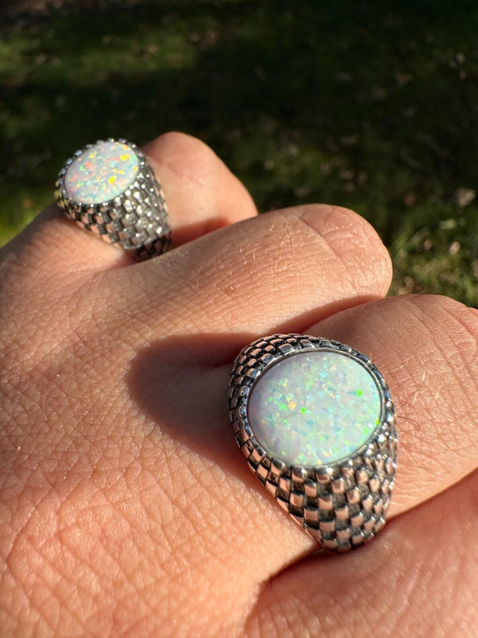 HarlemBling Real 925 Sterling Silver White Lab Created Fire Opal Gem Stone Ring Mens Ladies