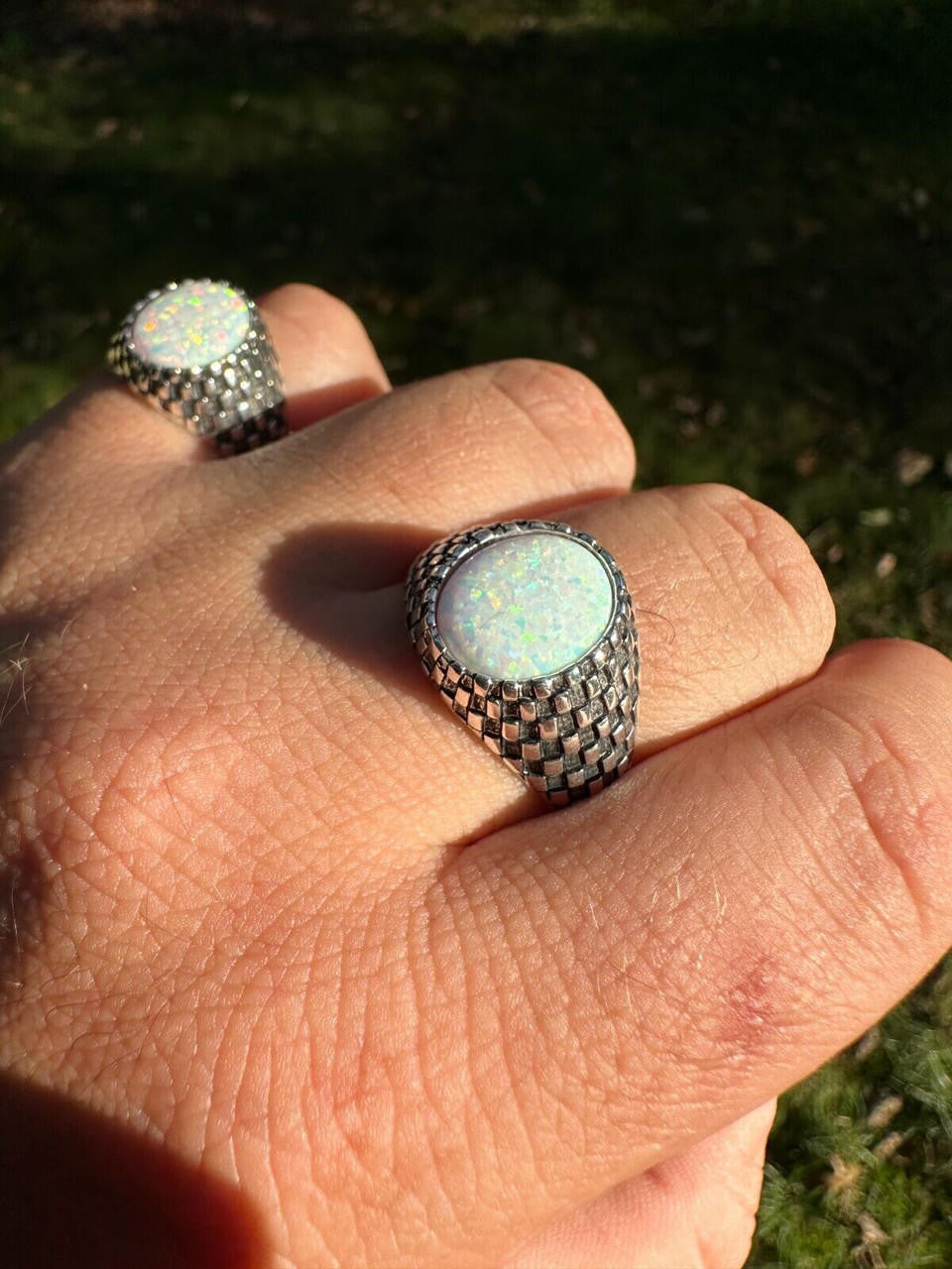 HarlemBling Real 925 Sterling Silver White Lab Created Fire Opal Gem Stone Ring Mens Ladies