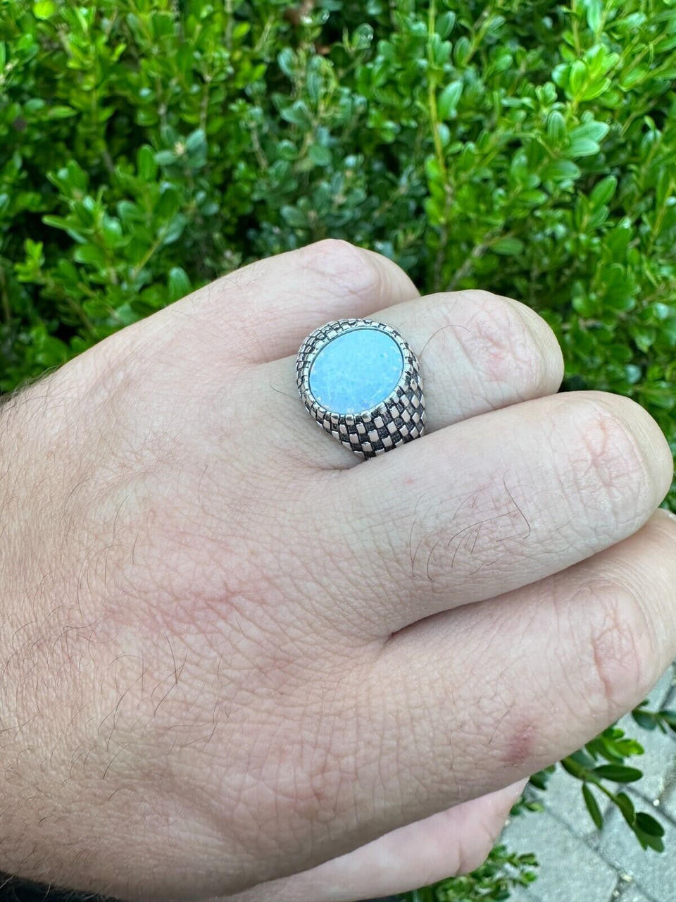 HarlemBling Real 925 Sterling Silver White Lab Created Fire Opal Gem Stone Ring Mens Ladies