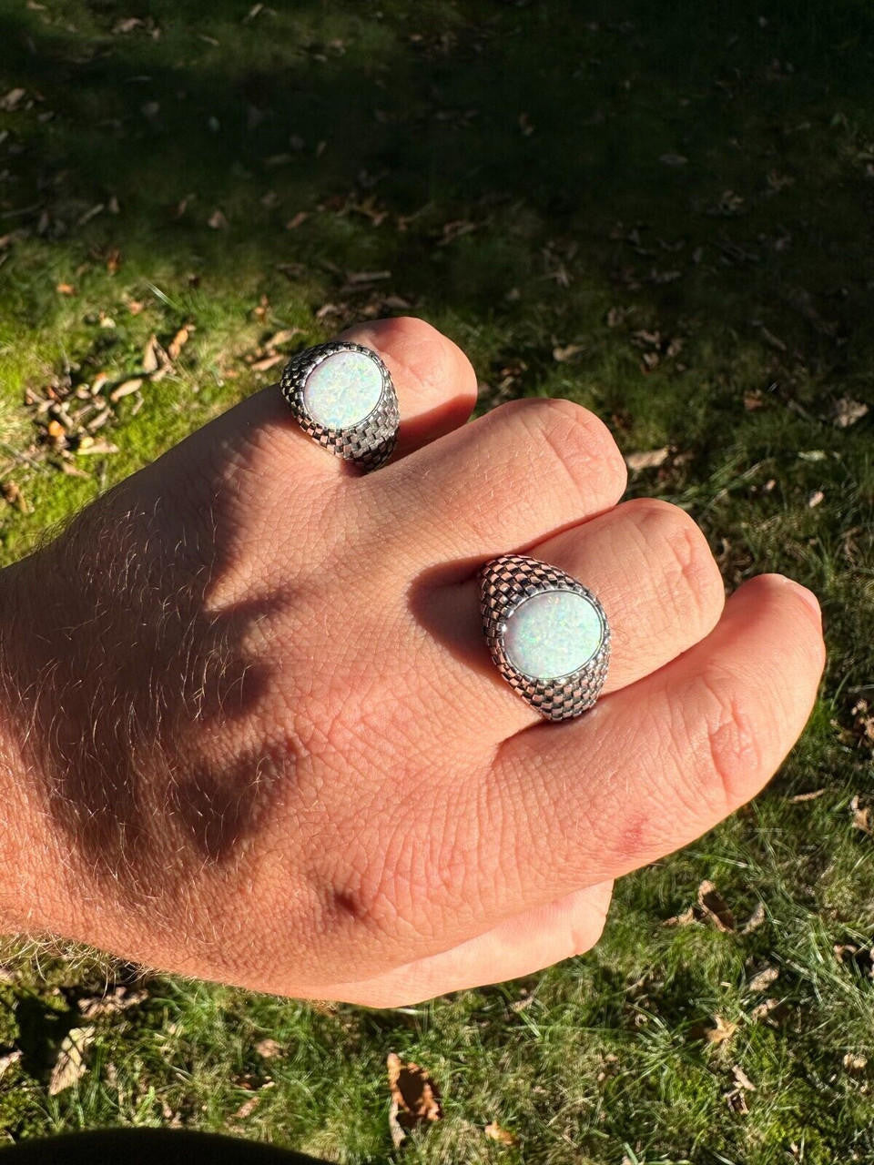 HarlemBling Real 925 Sterling Silver White Lab Created Fire Opal Gem Stone Ring Mens Ladies