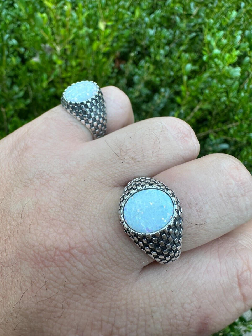 HarlemBling Real 925 Sterling Silver White Lab Created Fire Opal Gem Stone Ring Mens Ladies