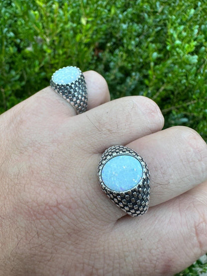 HarlemBling Real 925 Sterling Silver White Lab Created Fire Opal Gem Stone Ring Mens Ladies