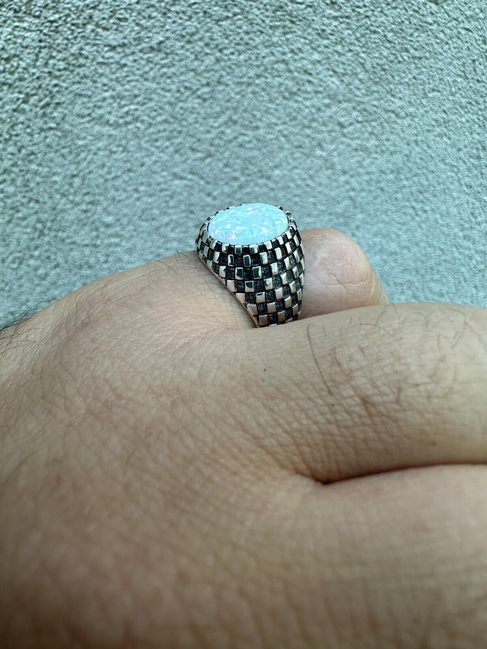 HarlemBling Real 925 Sterling Silver White Lab Created Fire Opal Gem Stone Ring Mens Ladies