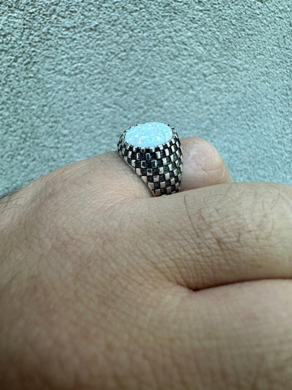 HarlemBling Real 925 Sterling Silver White Lab Created Fire Opal Gem Stone Ring Mens Ladies