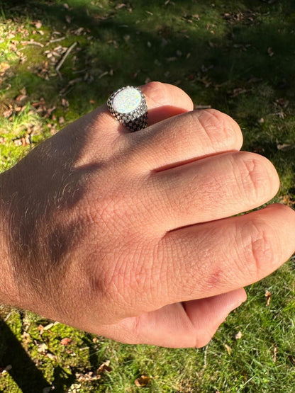 HarlemBling Real 925 Sterling Silver White Lab Created Fire Opal Gem Stone Ring Mens Ladies