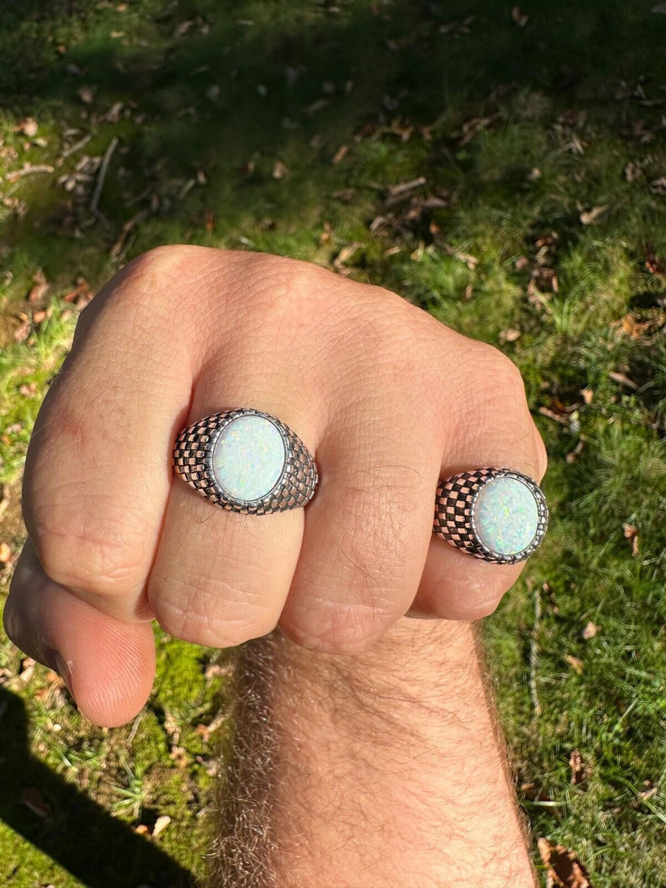 HarlemBling Real 925 Sterling Silver White Lab Created Fire Opal Gem Stone Ring Mens Ladies