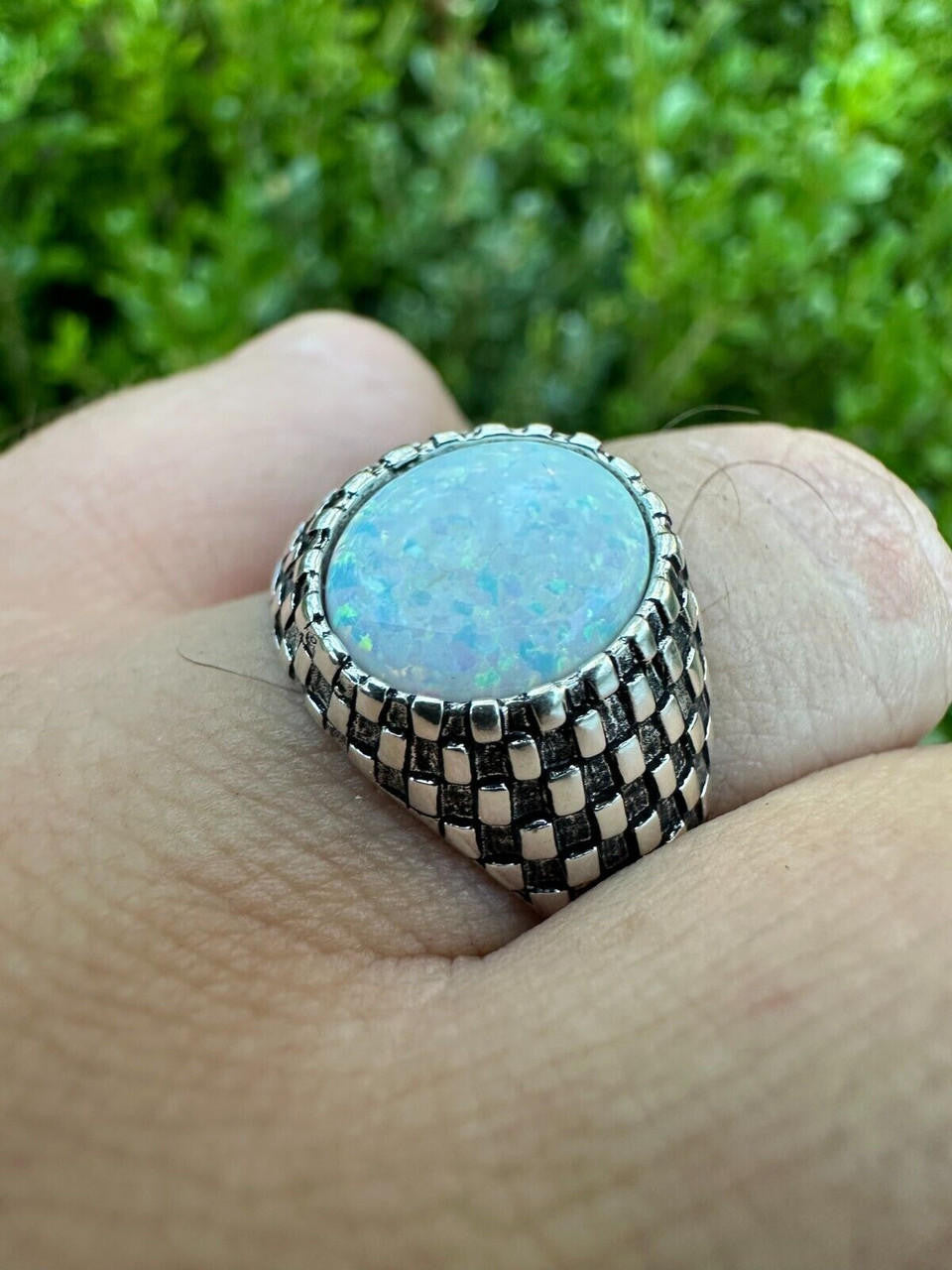 HarlemBling Real 925 Sterling Silver White Lab Created Fire Opal Gem Stone Ring Mens Ladies