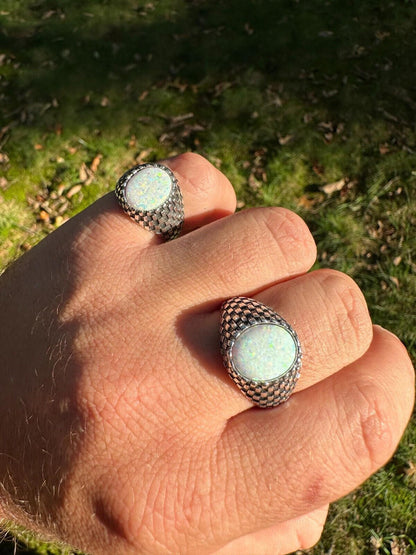 HarlemBling Real 925 Sterling Silver White Lab Created Fire Opal Gem Stone Ring Mens Ladies