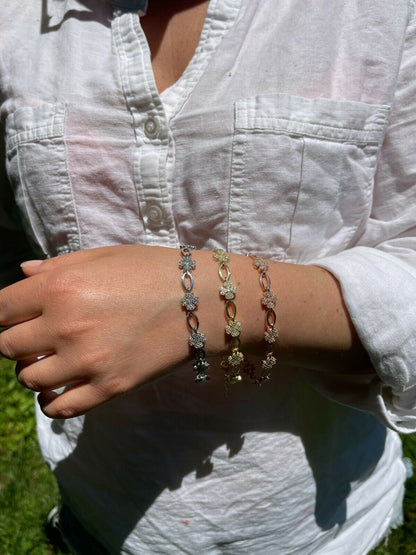 HarlemBling Real 925 Sterling Silver / Yellow Rose Gold Iced Diamond Clover Charm Bracelet