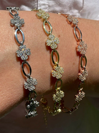 HarlemBling Real 925 Sterling Silver / Yellow Rose Gold Iced Diamond Clover Charm Bracelet