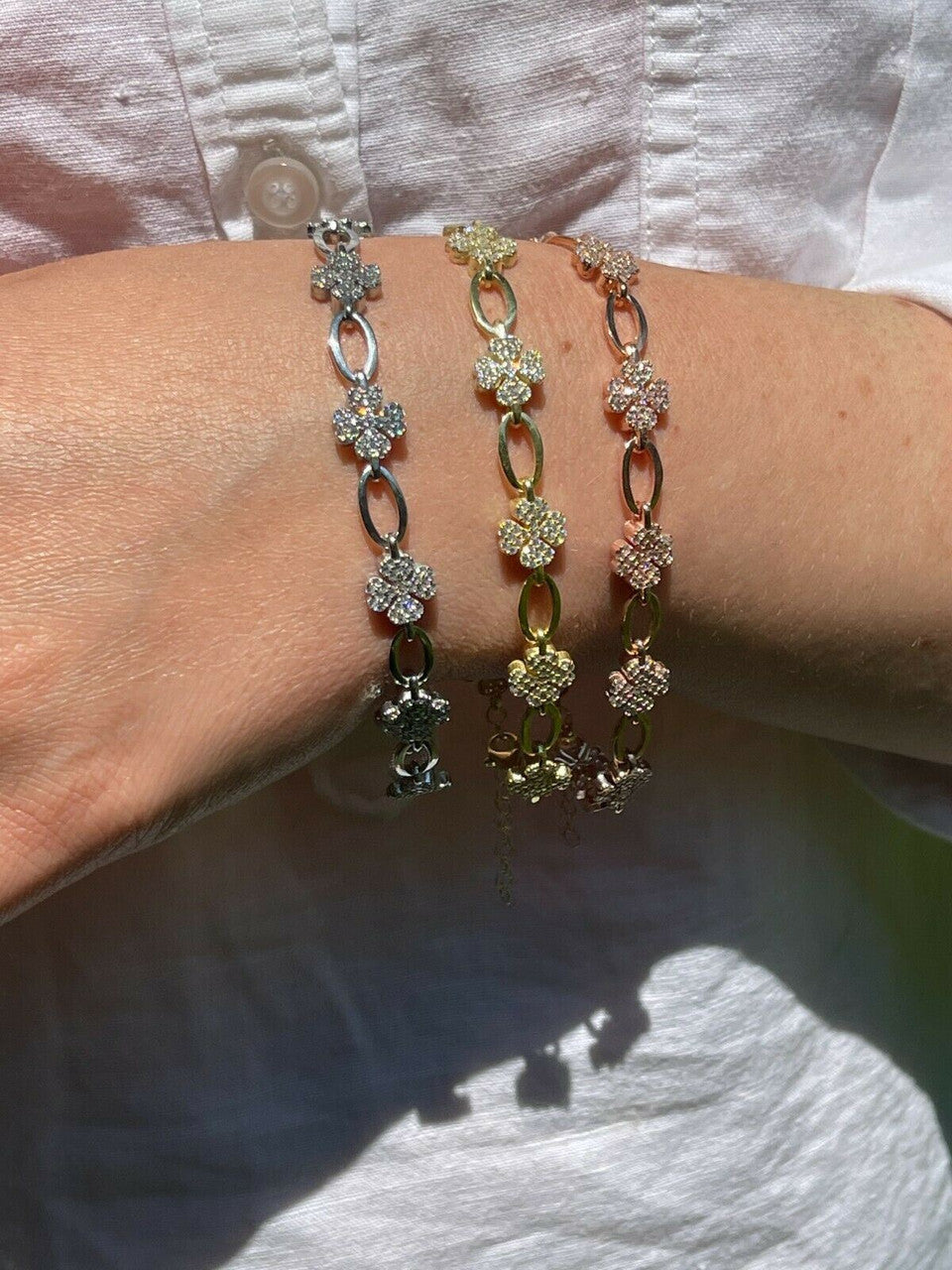 HarlemBling Real 925 Sterling Silver / Yellow Rose Gold Iced Diamond Clover Charm Bracelet