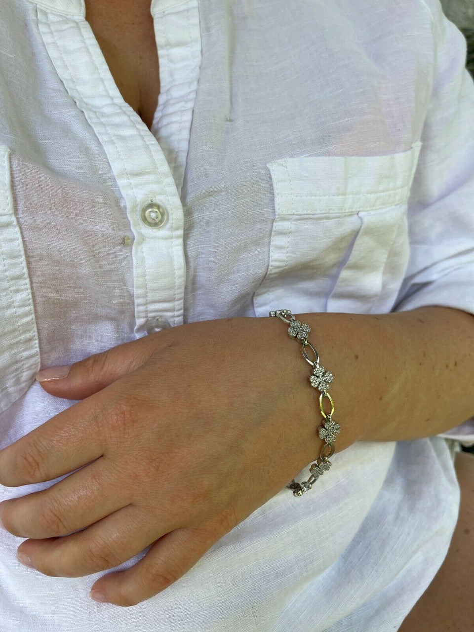 HarlemBling Real 925 Sterling Silver / Yellow Rose Gold Iced Diamond Clover Charm Bracelet