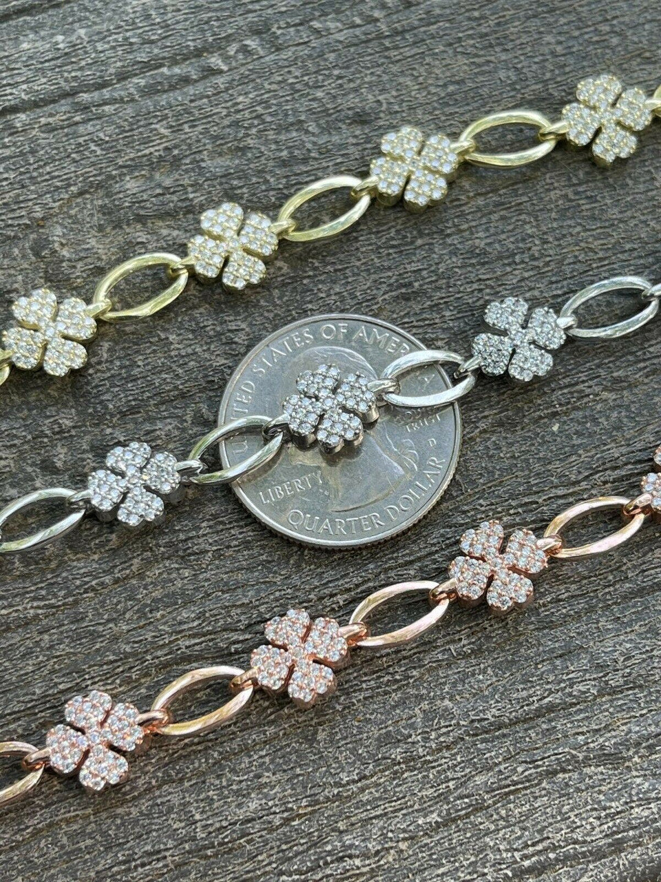HarlemBling Real 925 Sterling Silver / Yellow Rose Gold Iced Diamond Clover Charm Bracelet