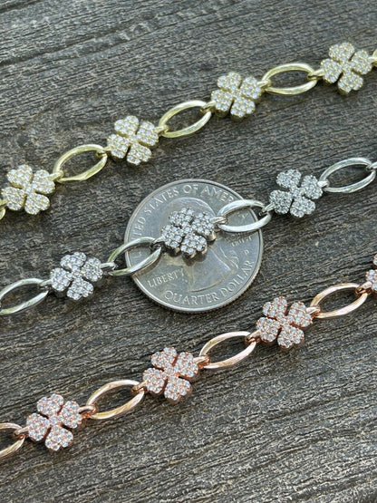 HarlemBling Real 925 Sterling Silver / Yellow Rose Gold Iced Diamond Clover Charm Bracelet