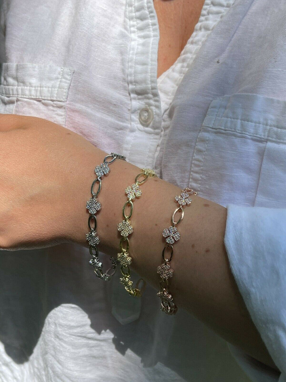 HarlemBling Real 925 Sterling Silver / Yellow Rose Gold Iced Diamond Clover Charm Bracelet