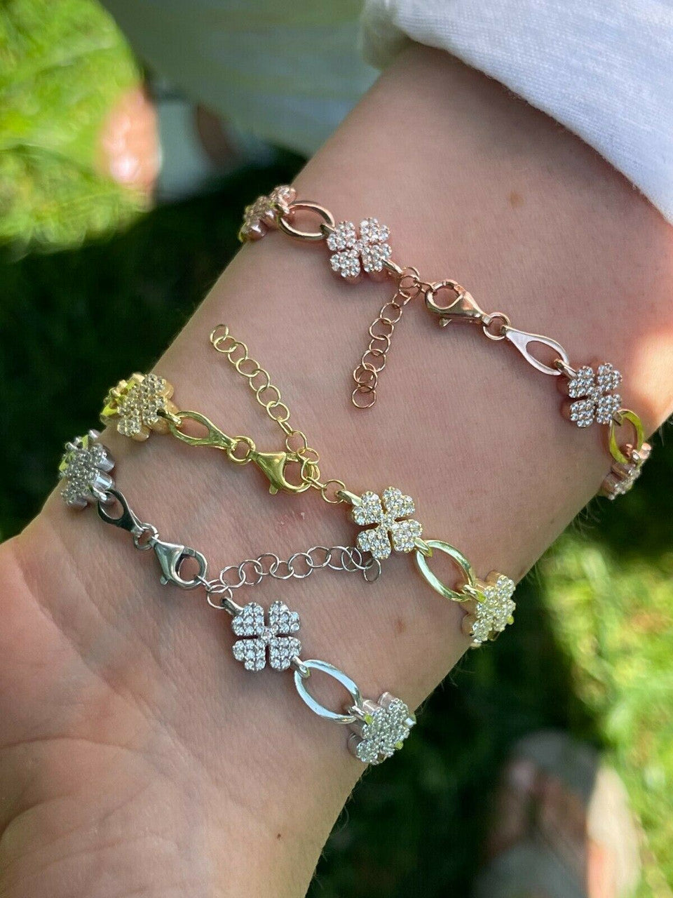 HarlemBling Real 925 Sterling Silver / Yellow Rose Gold Iced Diamond Clover Charm Bracelet