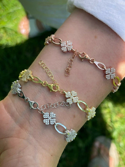 HarlemBling Real 925 Sterling Silver / Yellow Rose Gold Iced Diamond Clover Charm Bracelet
