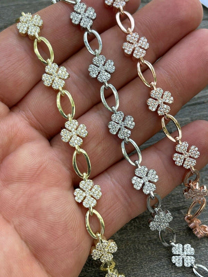 HarlemBling Real 925 Sterling Silver / Yellow Rose Gold Iced Diamond Clover Charm Bracelet