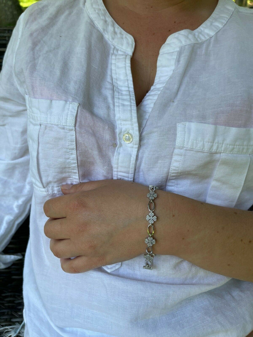 HarlemBling Real 925 Sterling Silver / Yellow Rose Gold Iced Diamond Clover Charm Bracelet