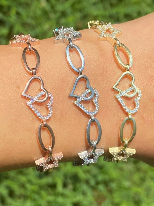 HarlemBling Real 925 Sterling Silver Yellow Rose Gold Oval Heart and Stars CZ Ladies Bracelet