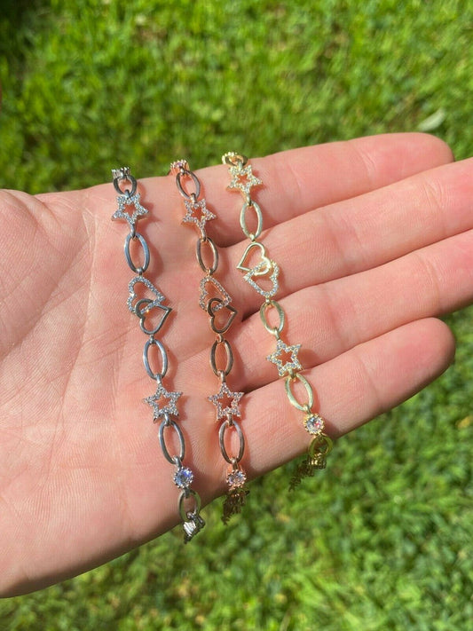 HarlemBling Real 925 Sterling Silver Yellow Rose Gold Oval Heart and Stars CZ Ladies Bracelet