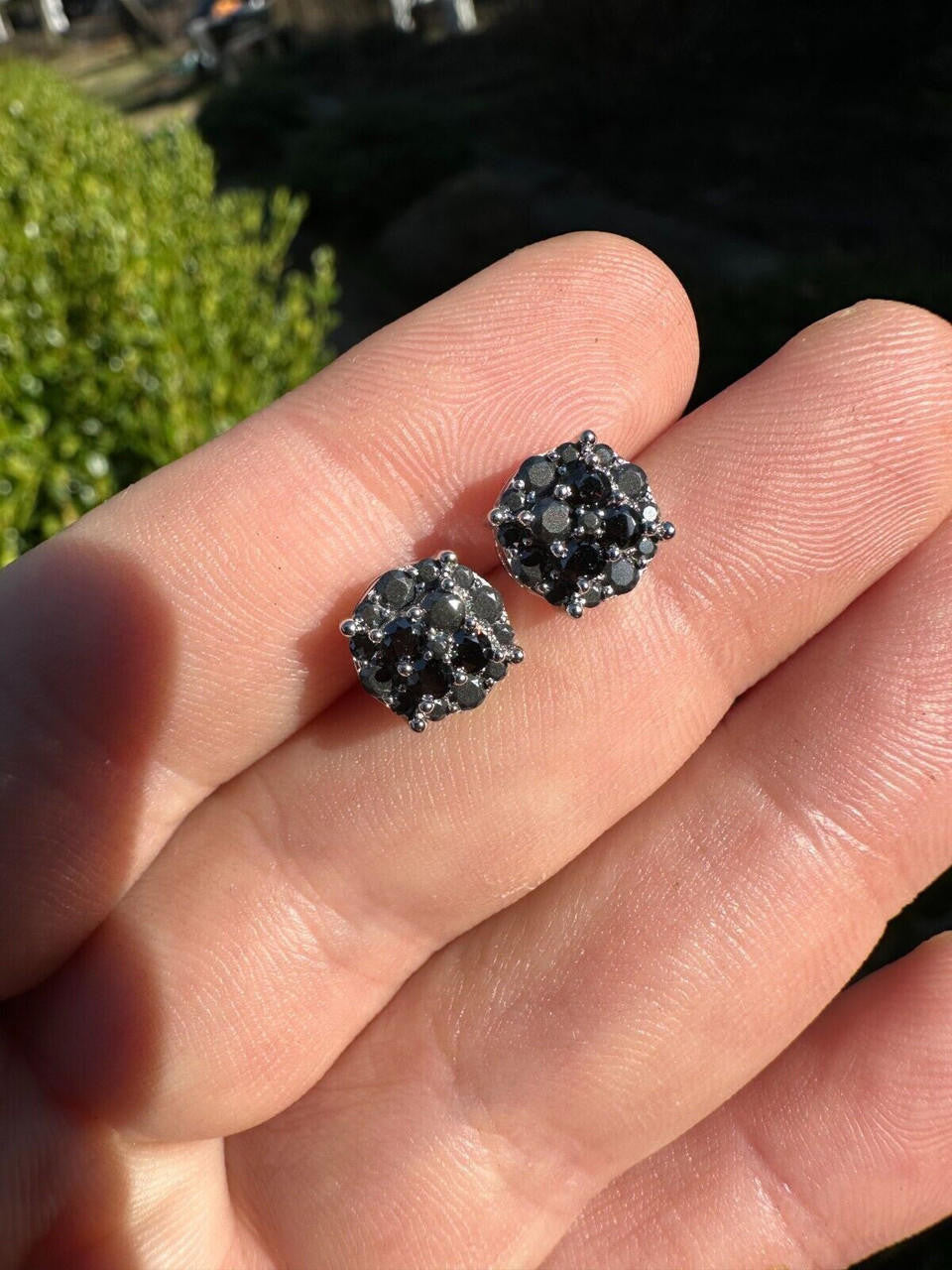 HarlemBling Real Black MOISSANITE Oxidized Rhodium 925 Silver Round Cluster Earrings Hip Hop