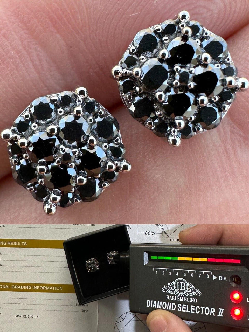HarlemBling Real Black MOISSANITE Oxidized Rhodium 925 Silver Round Cluster Earrings Hip Hop
