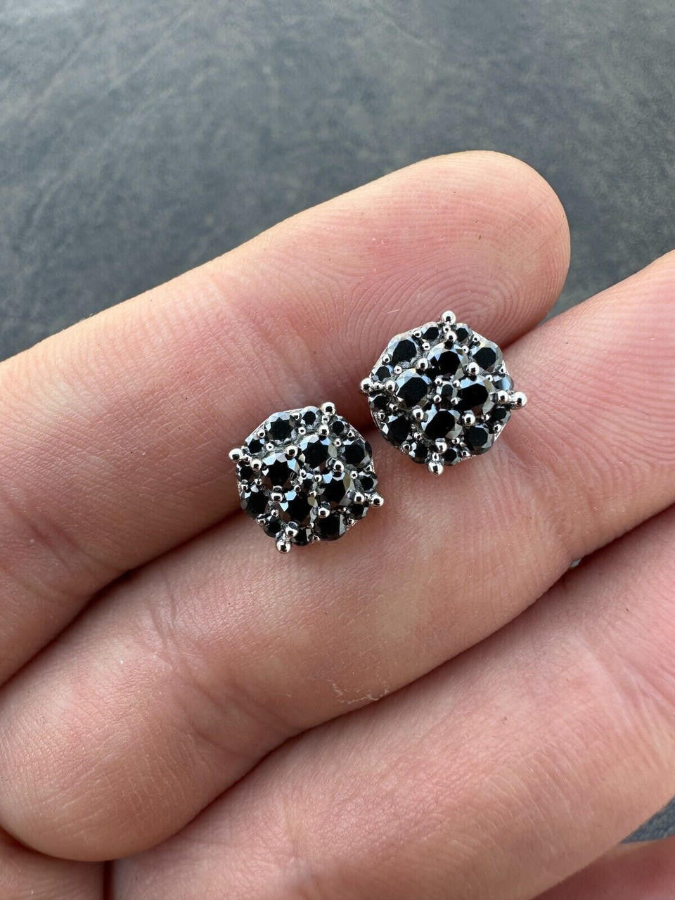 HarlemBling Real Black MOISSANITE Oxidized Rhodium 925 Silver Round Cluster Earrings Hip Hop