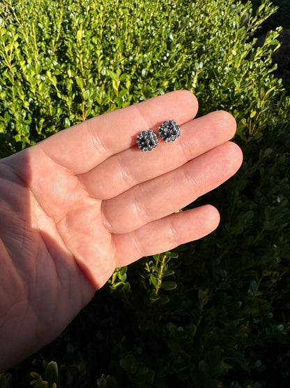 HarlemBling Real Black MOISSANITE Oxidized Rhodium 925 Silver Round Cluster Earrings Hip Hop