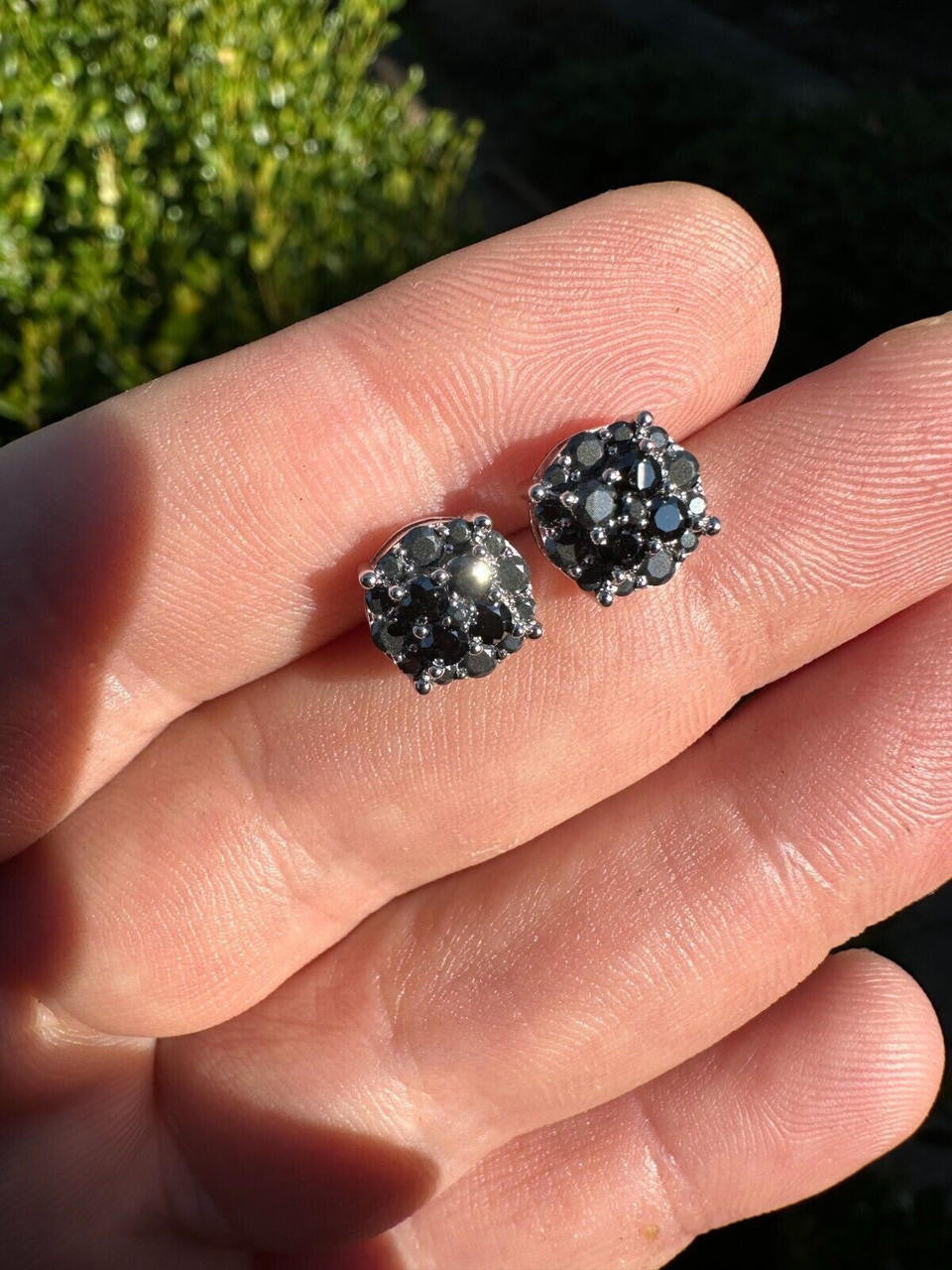 HarlemBling Real Black MOISSANITE Oxidized Rhodium 925 Silver Round Cluster Earrings Hip Hop