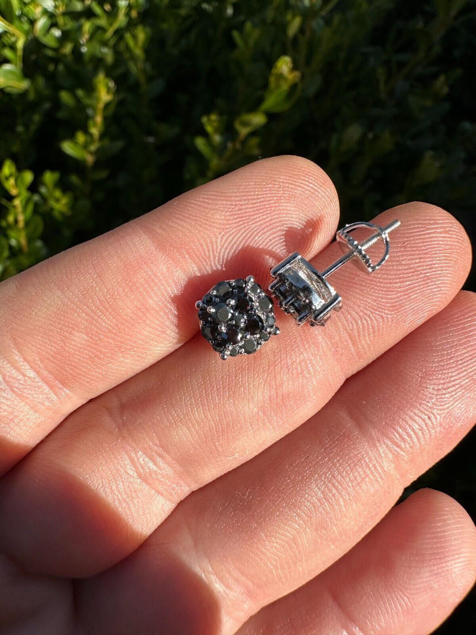 HarlemBling Real Black MOISSANITE Oxidized Rhodium 925 Silver Round Cluster Earrings Hip Hop