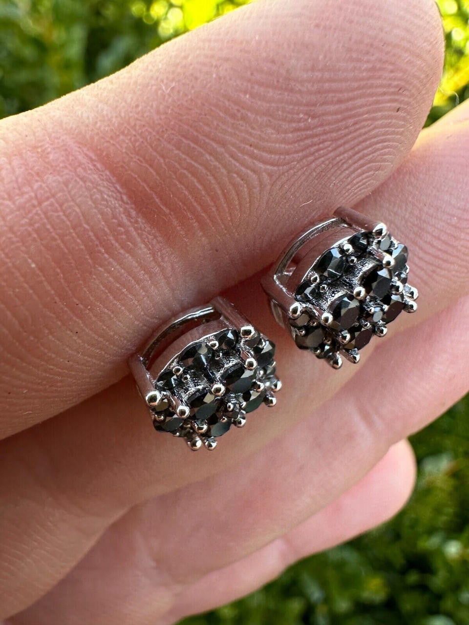 HarlemBling Real Black MOISSANITE Oxidized Rhodium 925 Silver Round Cluster Earrings Hip Hop