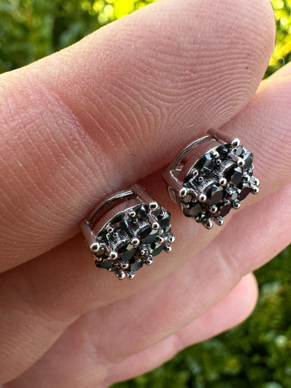 HarlemBling Real Black MOISSANITE Oxidized Rhodium 925 Silver Round Cluster Earrings Hip Hop