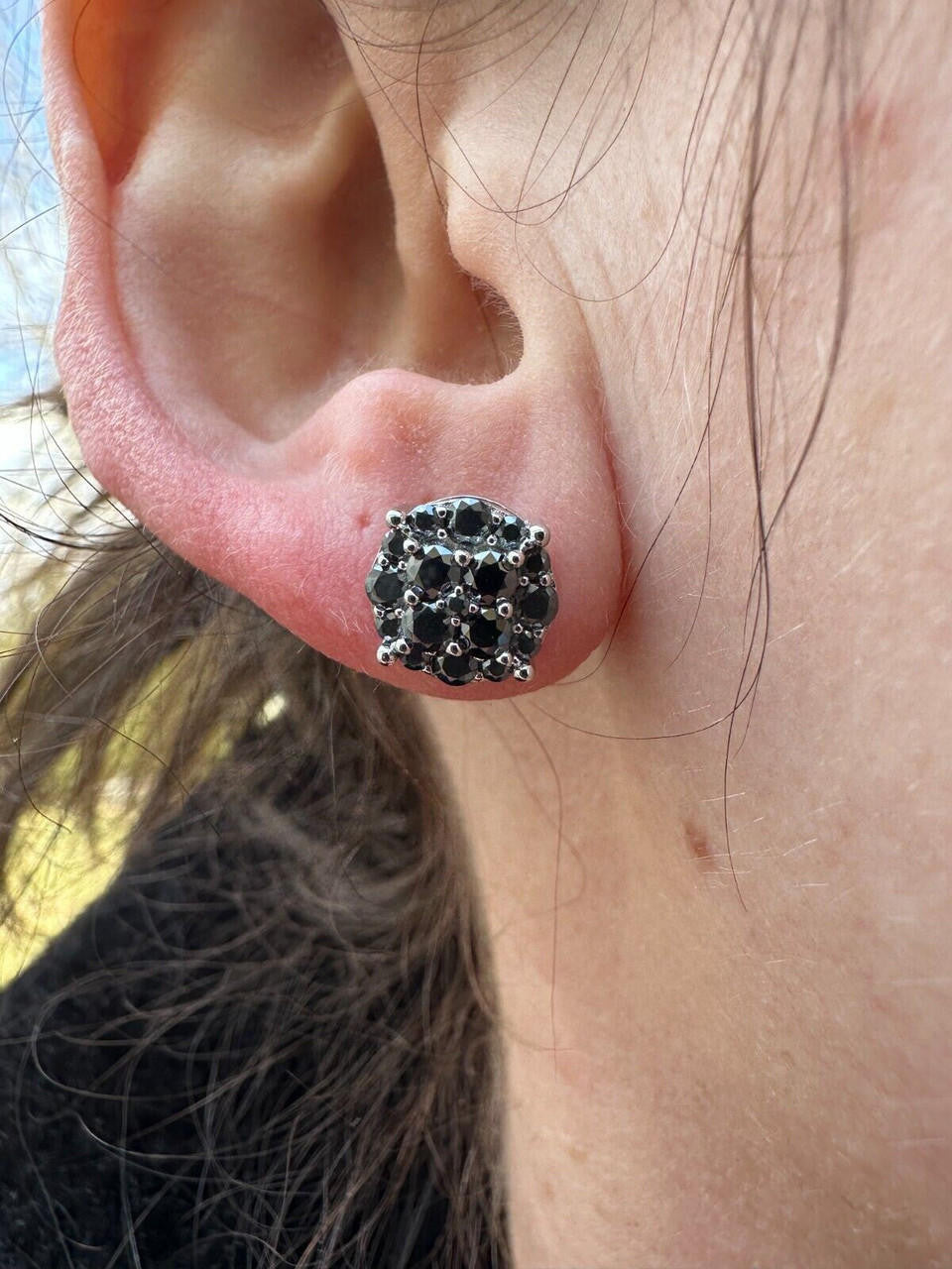 HarlemBling Real Black MOISSANITE Oxidized Rhodium 925 Silver Round Cluster Earrings Hip Hop