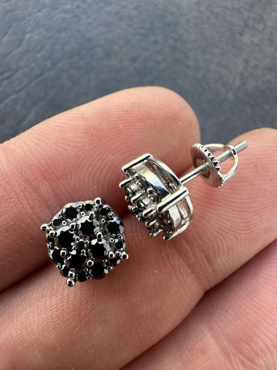 HarlemBling Real Black MOISSANITE Oxidized Rhodium 925 Silver Round Cluster Earrings Hip Hop