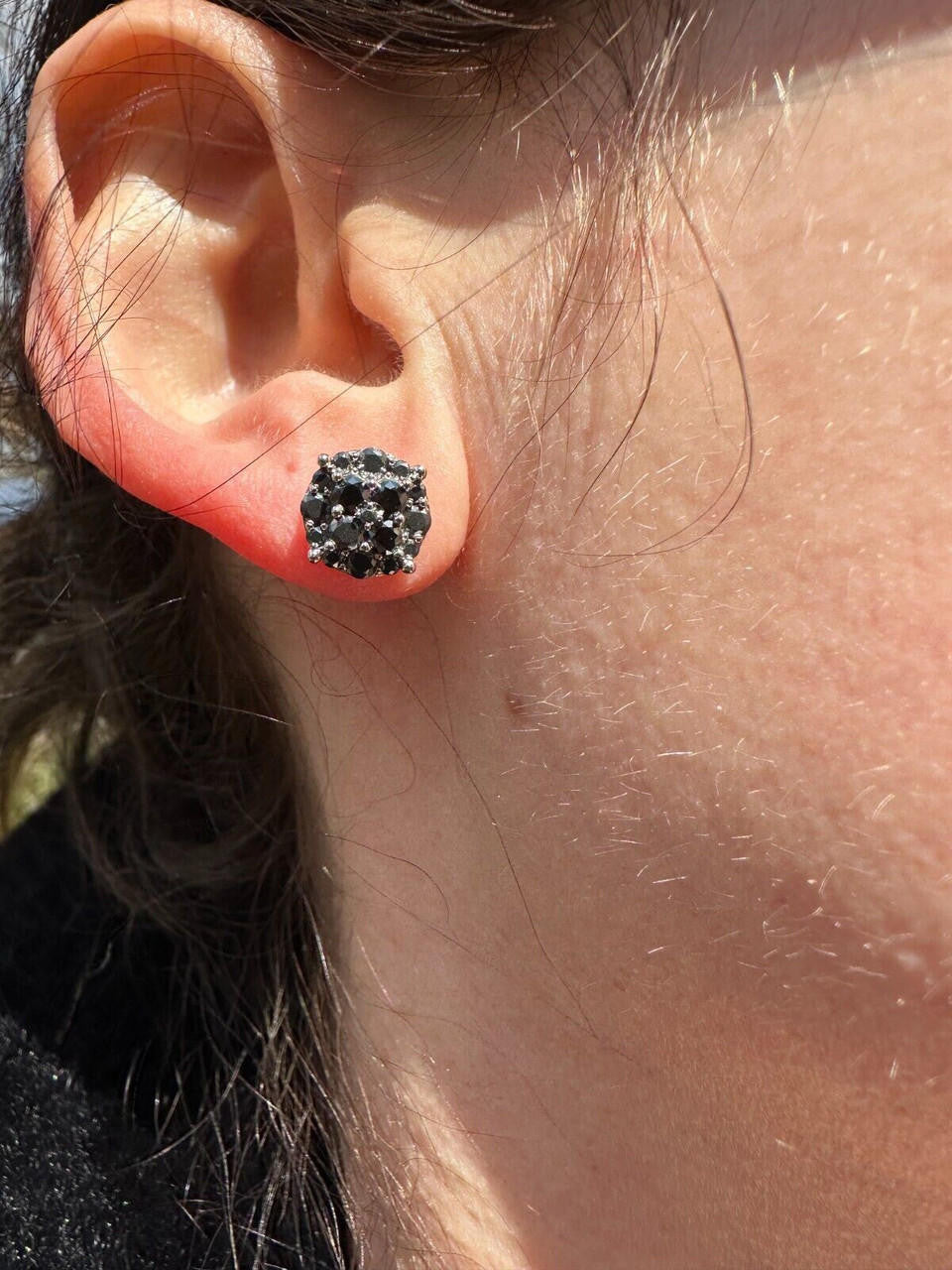 HarlemBling Real Black MOISSANITE Oxidized Rhodium 925 Silver Round Cluster Earrings Hip Hop