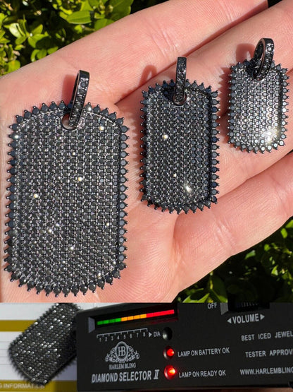 HarlemBling Real Black MOISSANITE Solid 925 Silver Dog Tag Iced Hip Hop Pendant Necklace