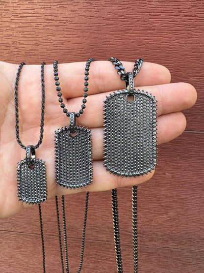 HarlemBling Real Black MOISSANITE Solid 925 Silver Dog Tag Iced Hip Hop Pendant Necklace