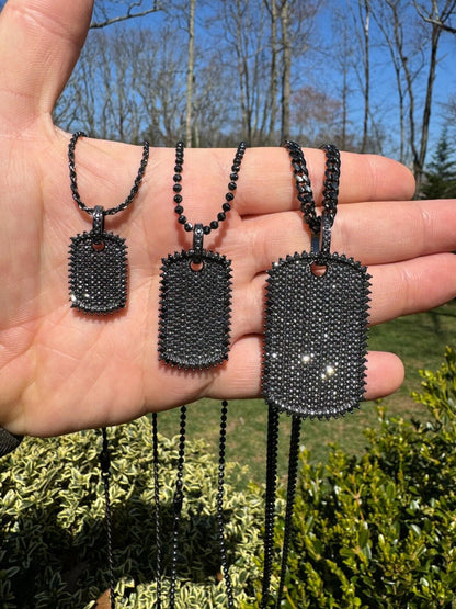 HarlemBling Real Black MOISSANITE Solid 925 Silver Dog Tag Iced Hip Hop Pendant Necklace