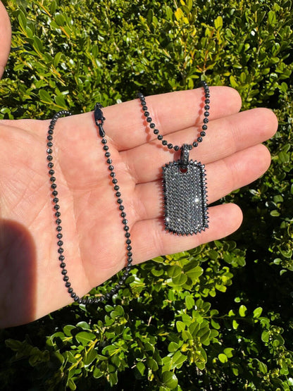 HarlemBling Real Black MOISSANITE Solid 925 Silver Dog Tag Iced Hip Hop Pendant Necklace