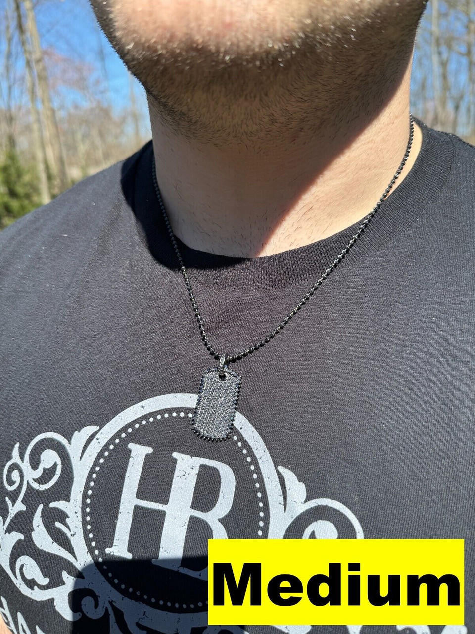 HarlemBling Real Black MOISSANITE Solid 925 Silver Dog Tag Iced Hip Hop Pendant Necklace