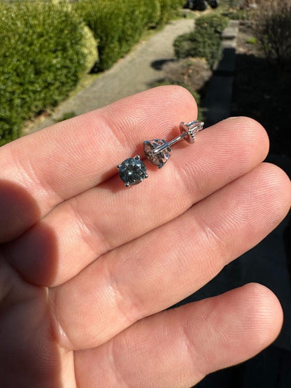 HarlemBling Real Blue Gray Moissanite Screwback Stud Earrings 925 Silver 3-8mm Iced Tester 