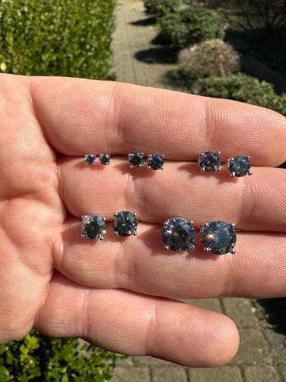 HarlemBling Real Blue Gray Moissanite Screwback Stud Earrings 925 Silver 3-8mm Iced Tester 